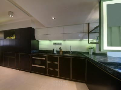 Bespoke aesthetic and functional kitchen cabinets that connects to a vanity area